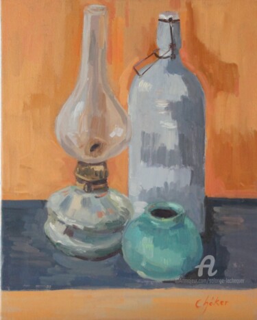 Lampe à pétrole hongroise, pot bleu et bouillotte